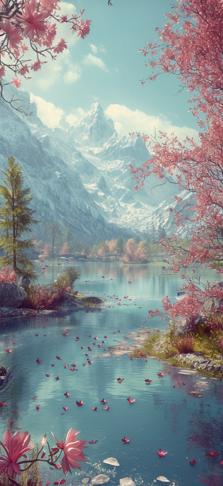 Immerse yourself in the beauty of nature with this stunning mobile wallpaper showcasing a majestic mountain river.