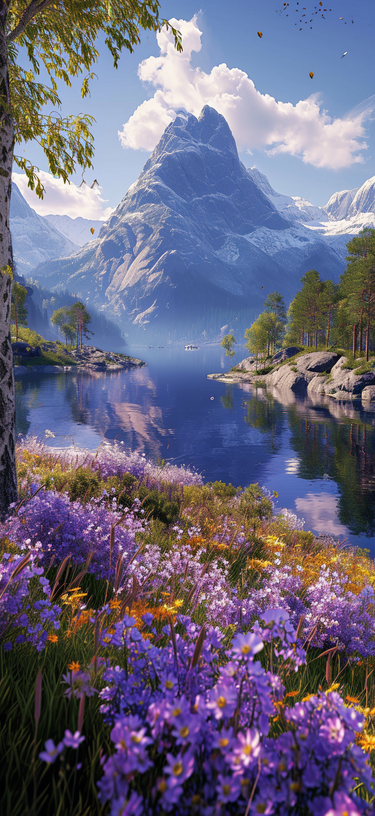 Breathe in the fresh air and soak up the beauty of nature with this captivating mobile wallpaper showcasing a vast field of delicate purple wildflowers swaying gently in the breeze, set against a backdrop of majestic mountains.