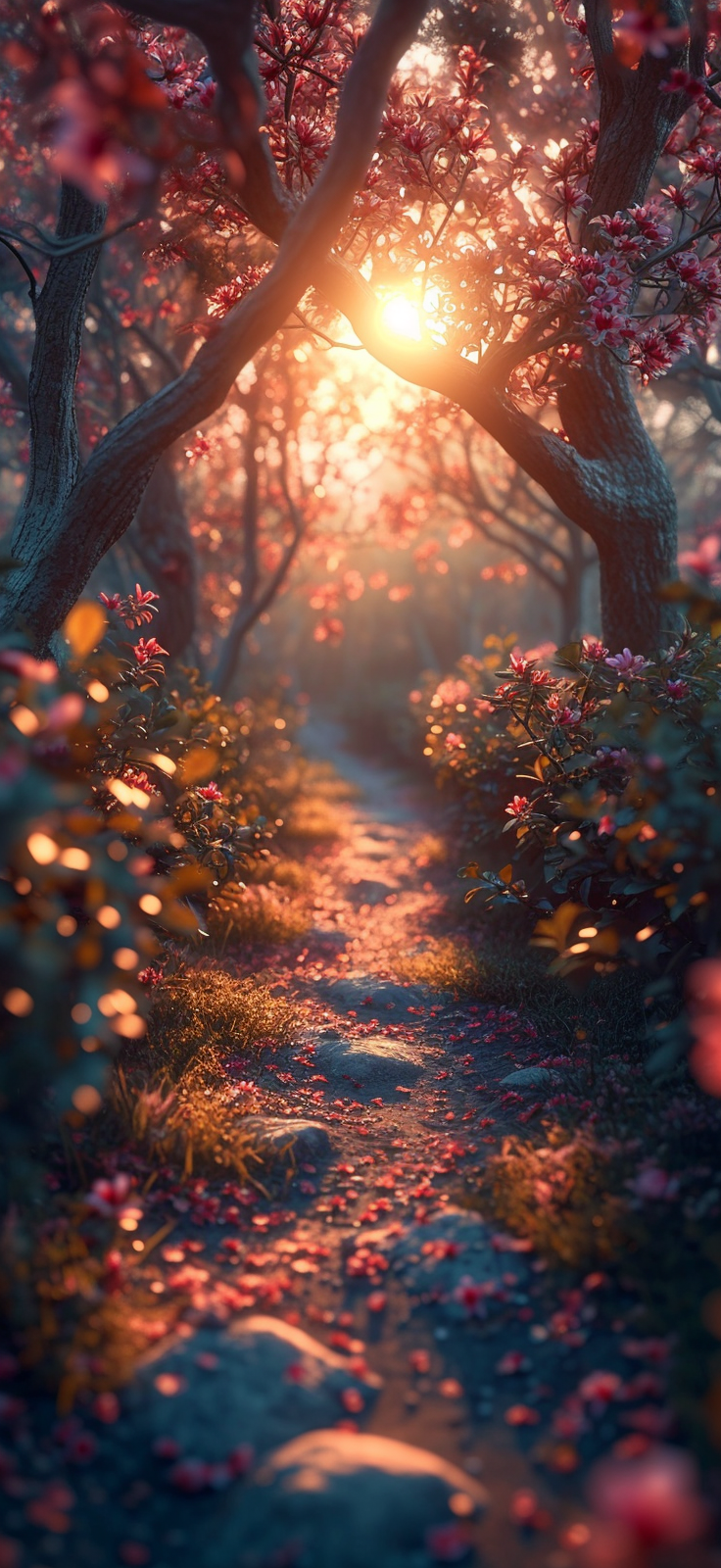 Step into a world of serenity with this stunning HD mobile wallpaper, capturing the magical moment of sunset amidst a blossoming forest.