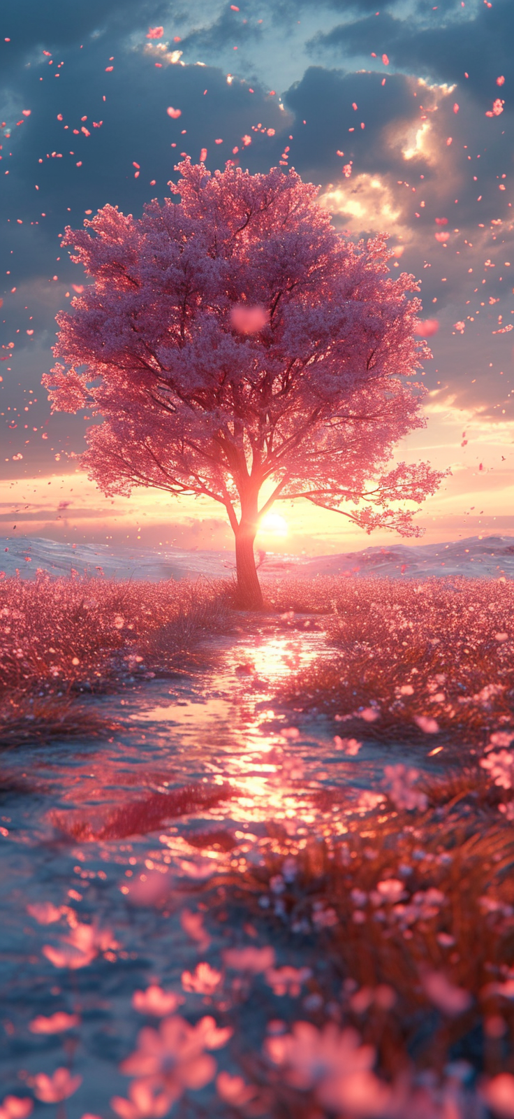 Immerse yourself in the ethereal beauty of springtime with this mesmerizing mobile wallpaper showcasing a majestic cherry blossom tree bathed in the warm glow of a sunset.