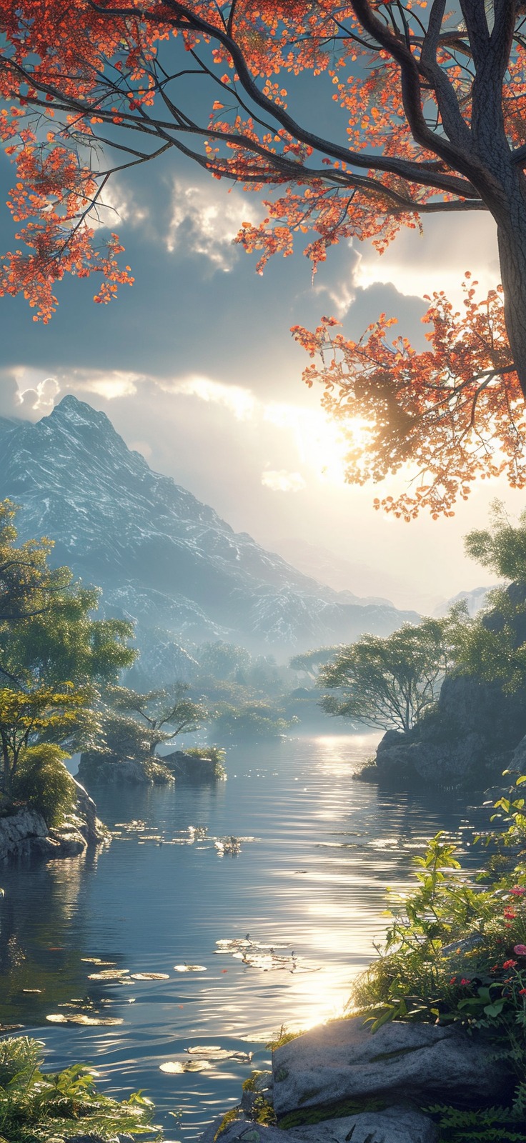 Escape to a world of peace and serenity with this captivating mobile wallpaper showcasing a crystal-clear river winding its way through a lush green valley, framed by majestic mountains.