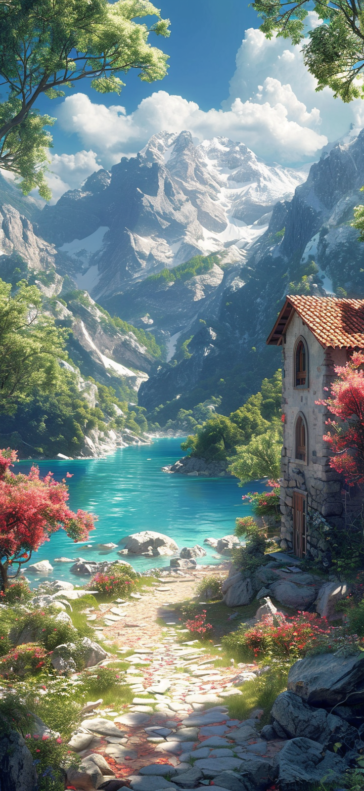 Escape the hustle and bustle with this calming mobile wallpaper featuring a quaint cabin nestled beside a tranquil lake, surrounded by majestic mountains.