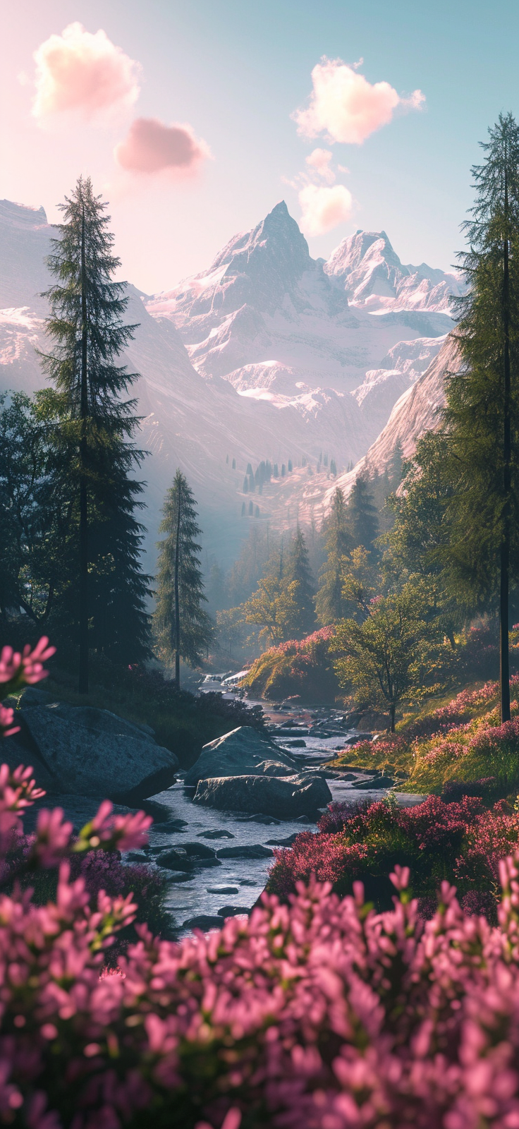 Immerse yourself in the beauty of nature with this stunning mobile wallpaper featuring a serene river flowing through a lush forest with majestic mountains in the background.