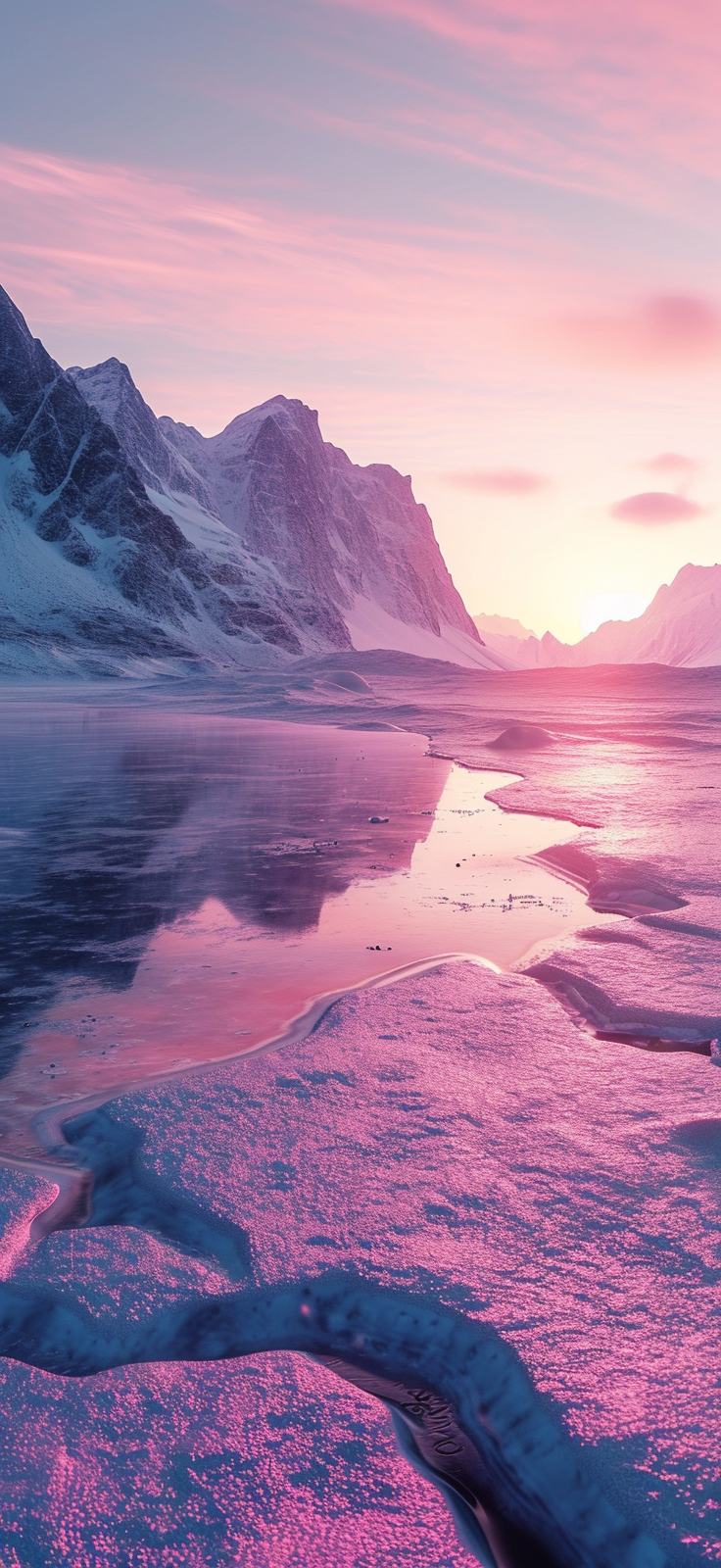 Immerse yourself in the serenity of a winter wonderland with this stunning mobile wallpaper showcasing a vibrant pink sunset over a frozen lake.