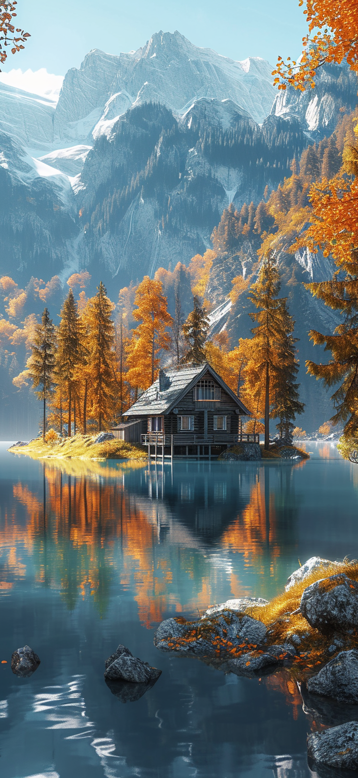 Escape to the serenity of nature with this captivating mobile wallpaper featuring a rustic cabin nestled on a tranquil lake.