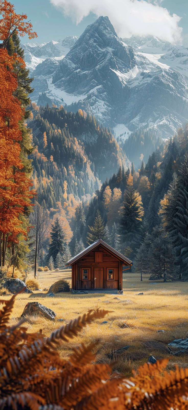 Immerse yourself in the autumnal charm of this rustic cabin nestled amidst vibrant foliage.