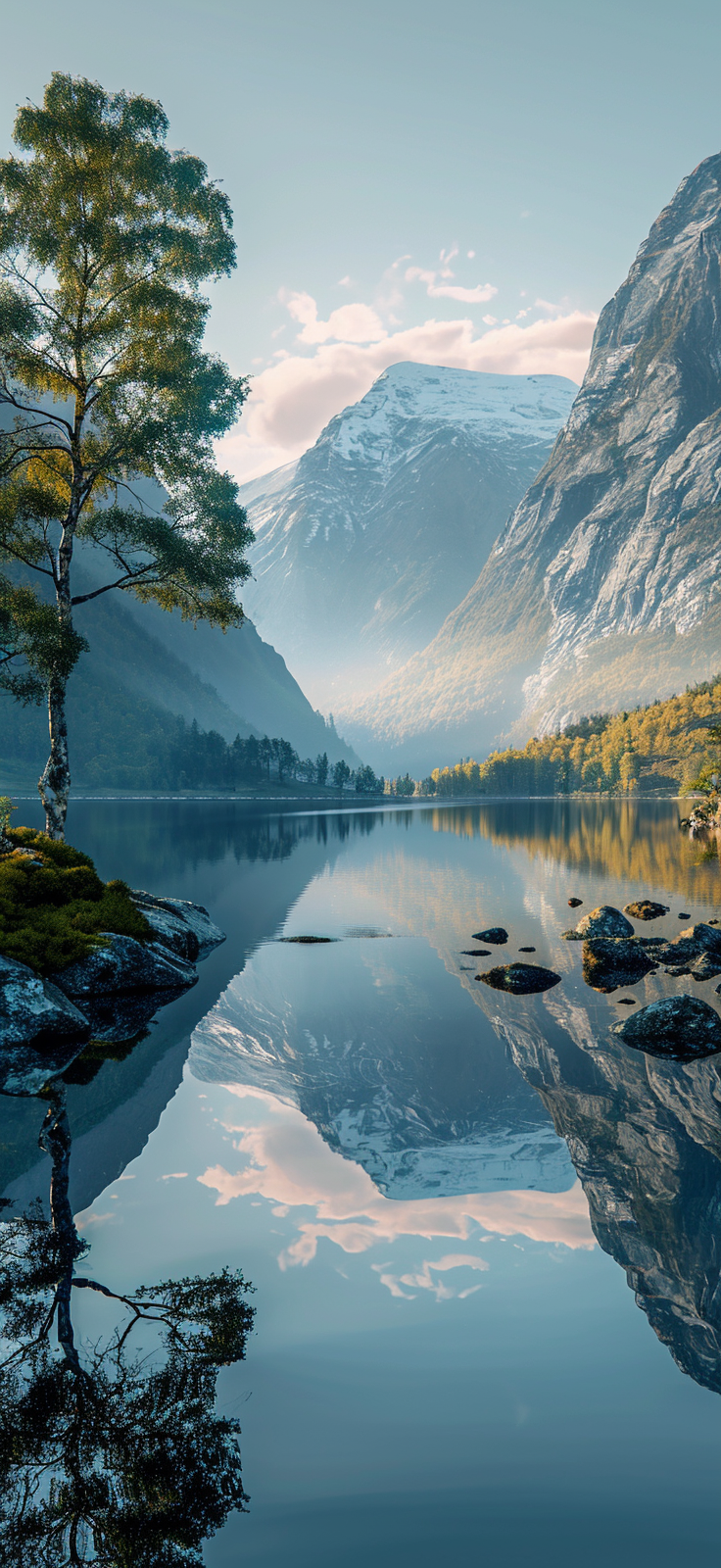 Escape to tranquility with this stunning landscape wallpaper featuring a serene lake reflecting majestic mountains, with a solitary tree standing tall in the foreground.