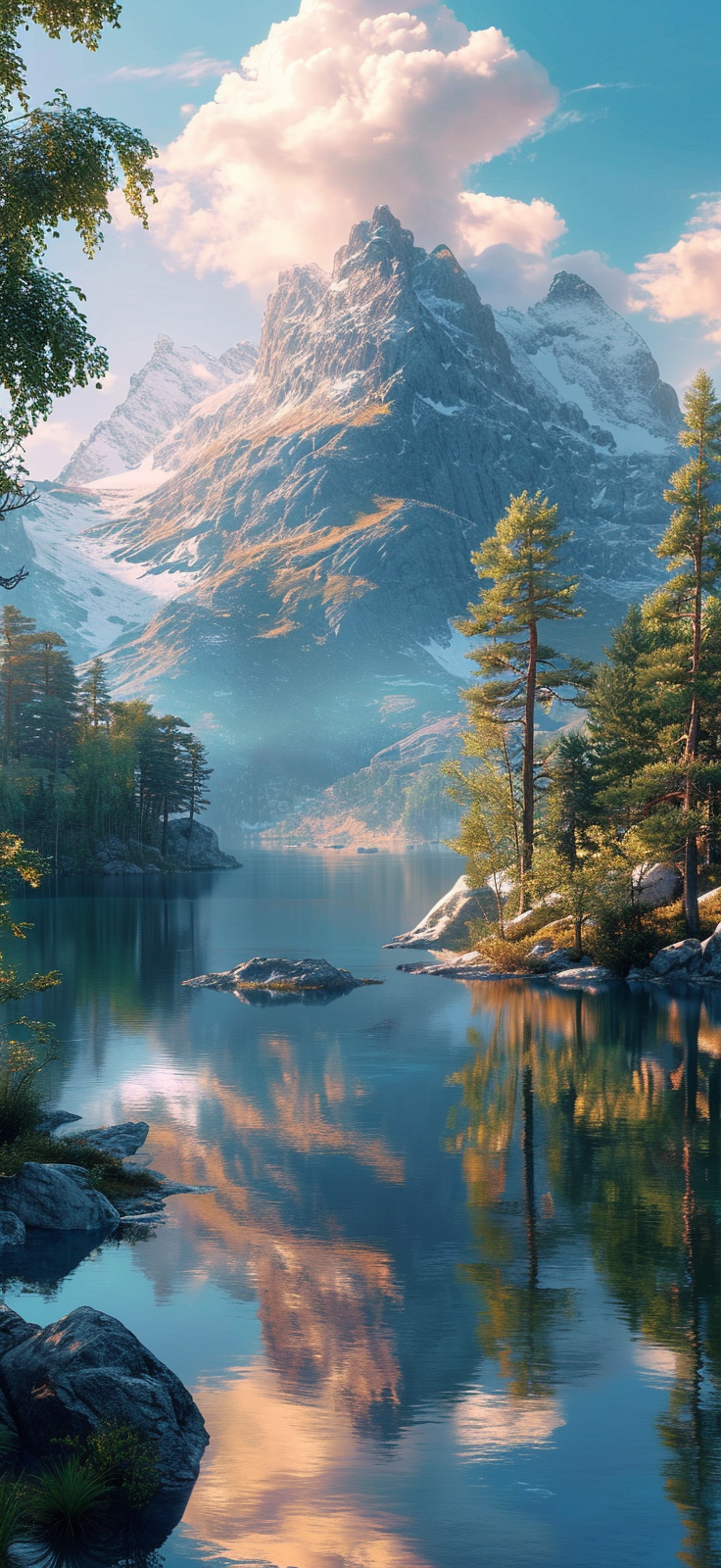Escape to the tranquility of nature with this stunning mobile wallpaper download. Capture the breathtaking beauty of a serene lake reflecting the grandeur of snow-capped mountain peaks.