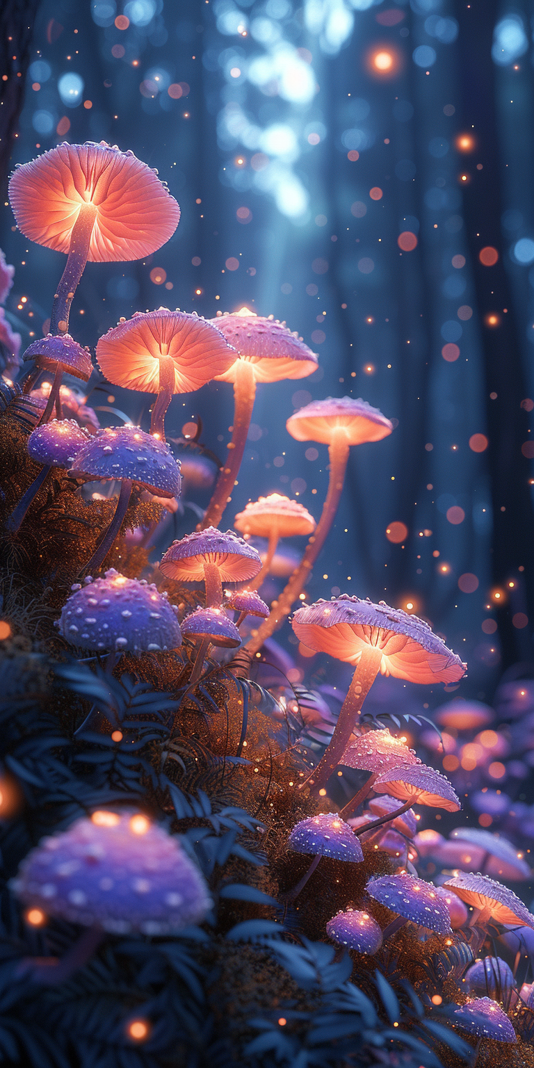 latest collection of high-resolution wallpapers featuring mesmerizing glowing mushrooms nestled in a mystical forest