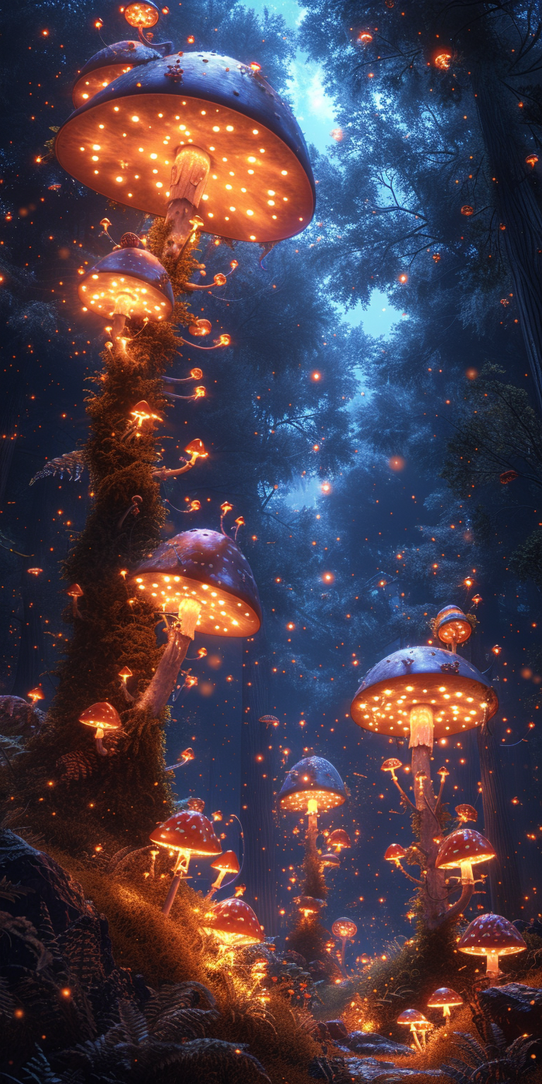 latest collection of high-resolution wallpapers featuring mesmerizing glowing mushrooms nestled in a mystical forest