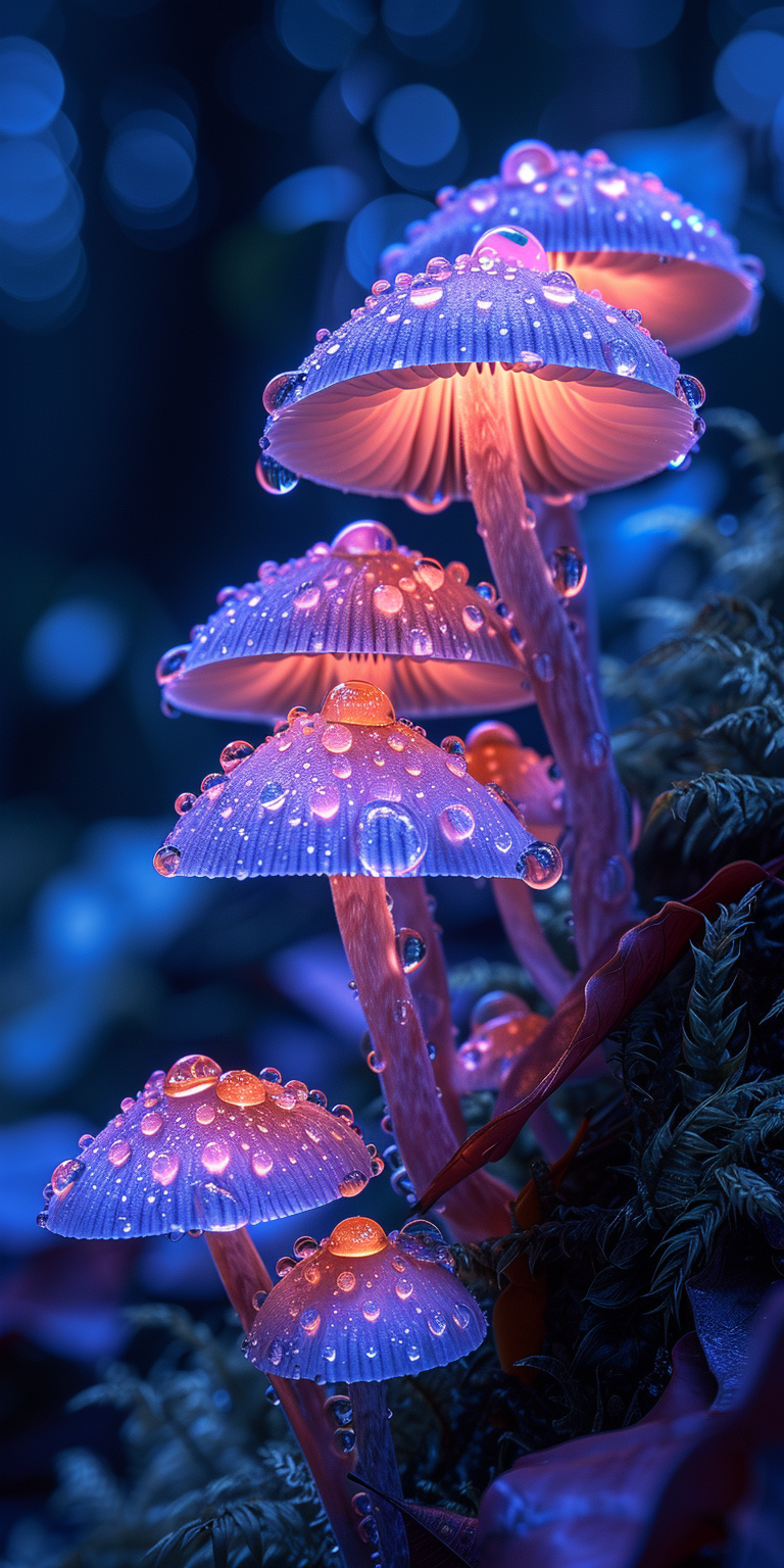 latest collection of high-resolution wallpapers featuring mesmerizing glowing mushrooms nestled in a mystical forest