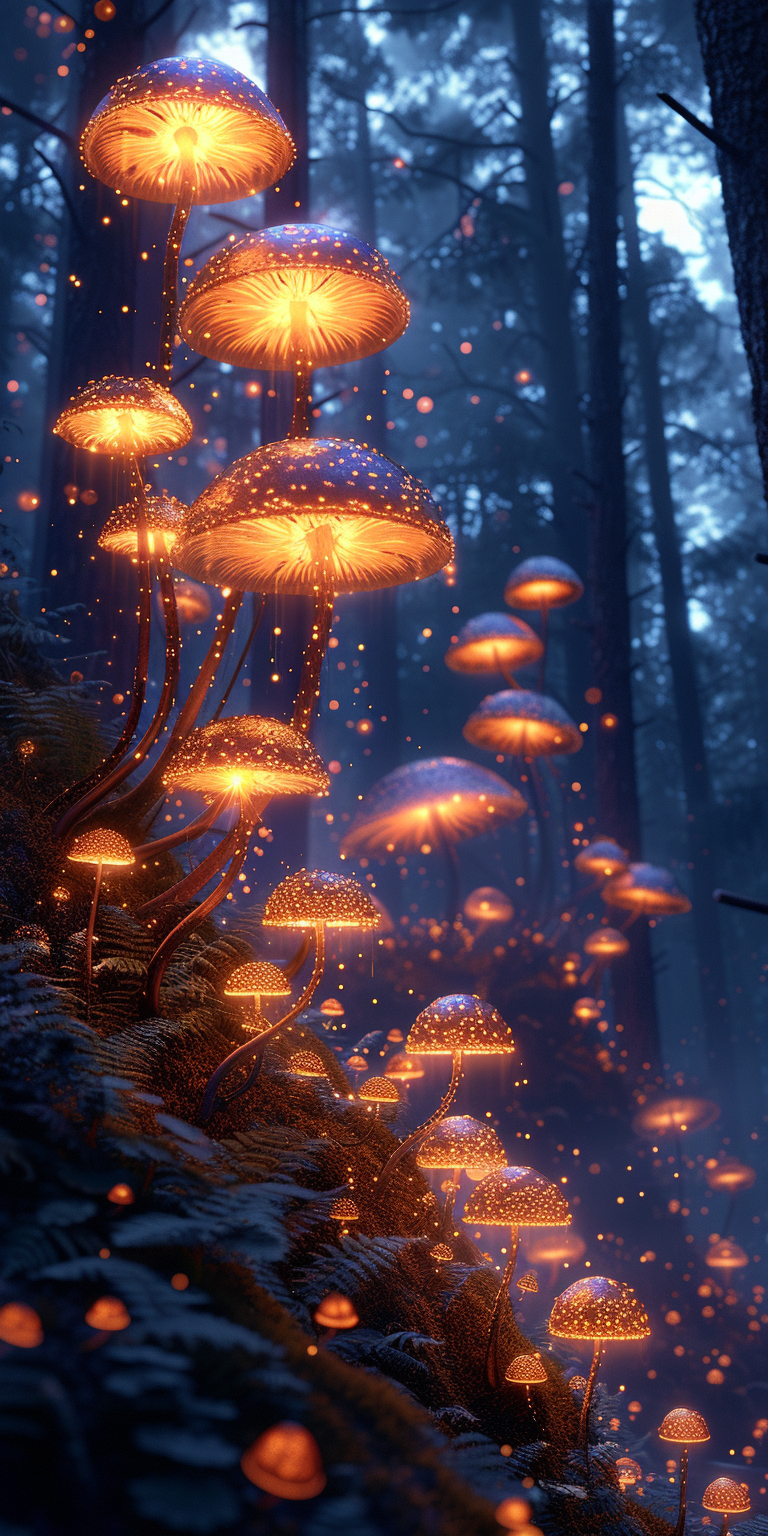 latest collection of high-resolution wallpapers featuring mesmerizing glowing mushrooms nestled in a mystical forest