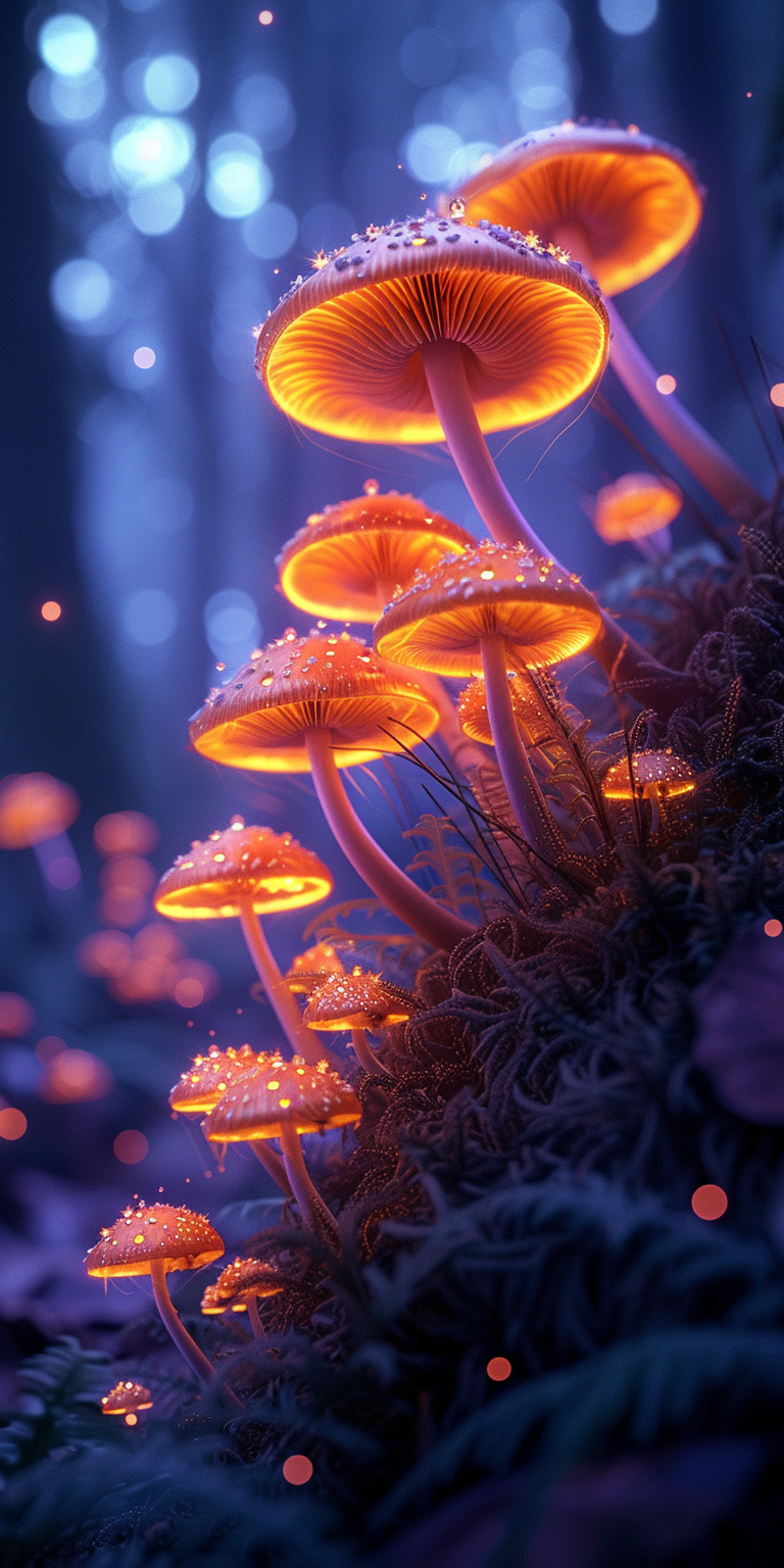 latest collection of high-resolution wallpapers featuring mesmerizing glowing mushrooms nestled in a mystical forest
