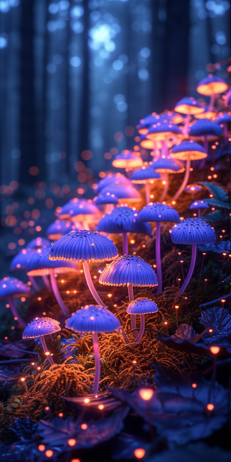 latest collection of high-resolution wallpapers featuring mesmerizing glowing mushrooms nestled in a mystical forest