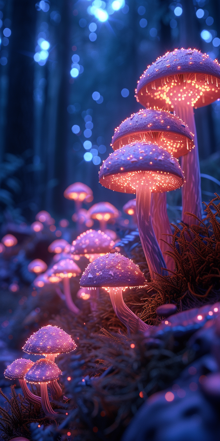 latest collection of high-resolution wallpapers featuring mesmerizing glowing mushrooms nestled in a mystical forest