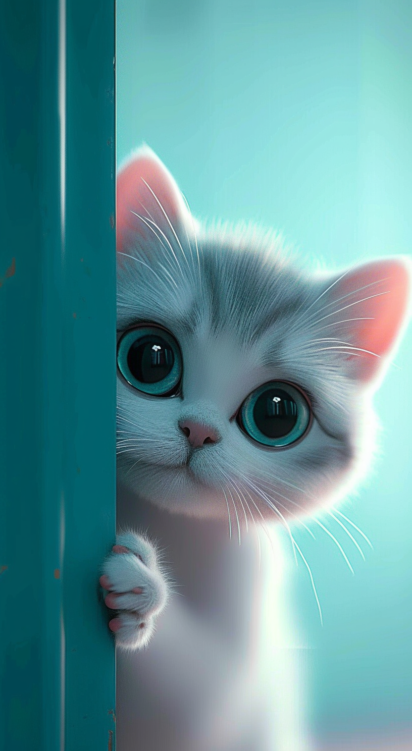 Experience the serene charm of our playful kitten peeking from a teal door.