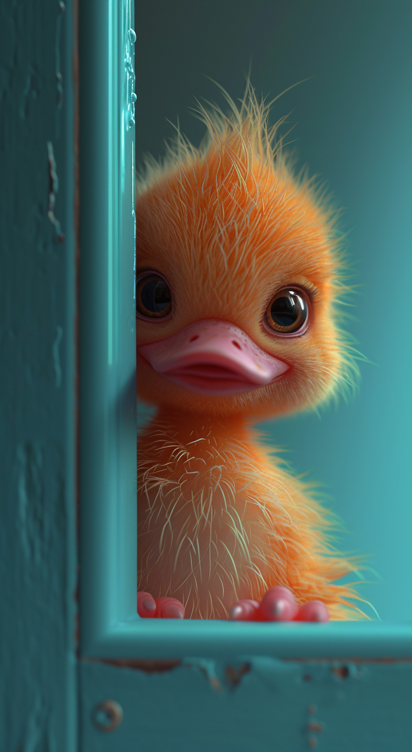 Experience the charm of our playful baby duck peeking from a vibrant teal surface.