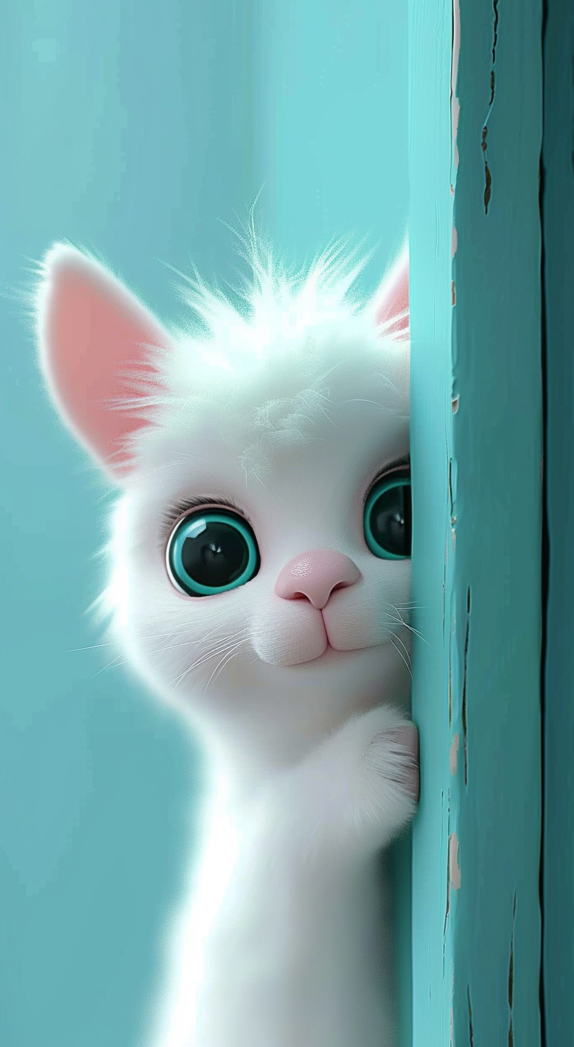Experience the charm of our playful kitten peeking from a turquoise door.