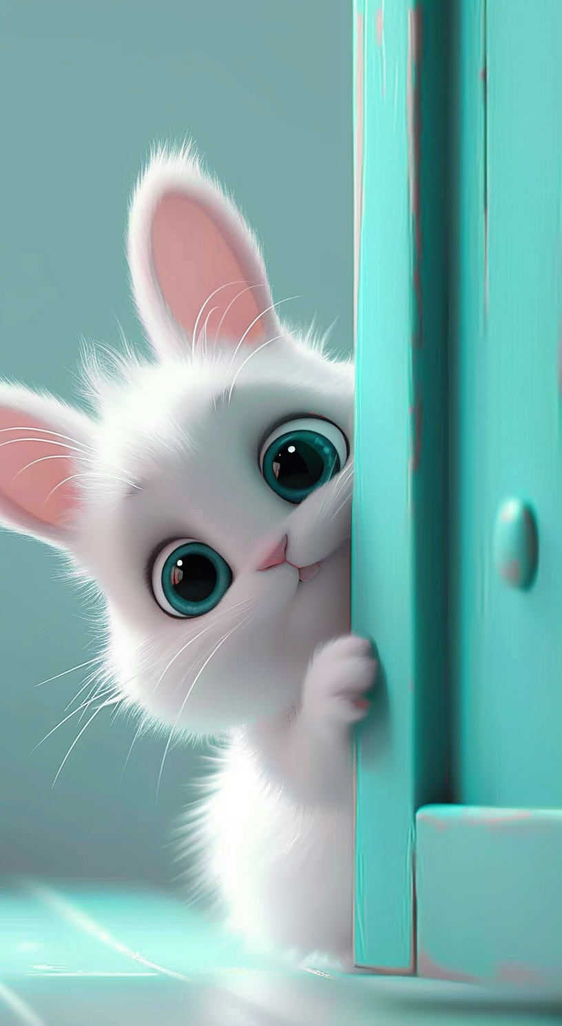 Experience the charm of our playful white bunny peeking from a vibrant turquoise door.