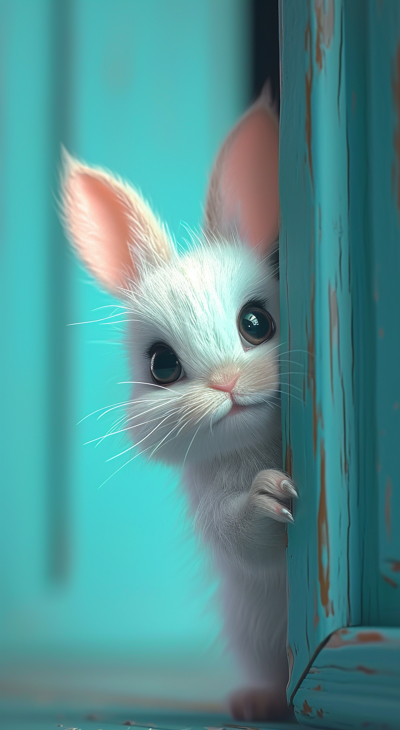 Experience the charm of our playful white bunny peeking from a vibrant turquoise door.
