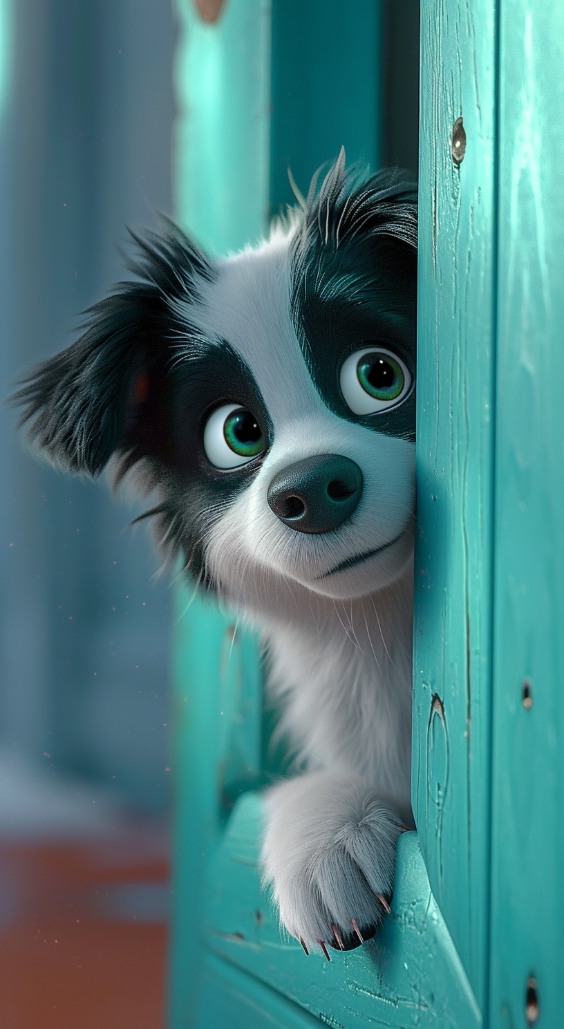 Experience the charm of our playful white puppy peeking from a vibrant turquoise door.