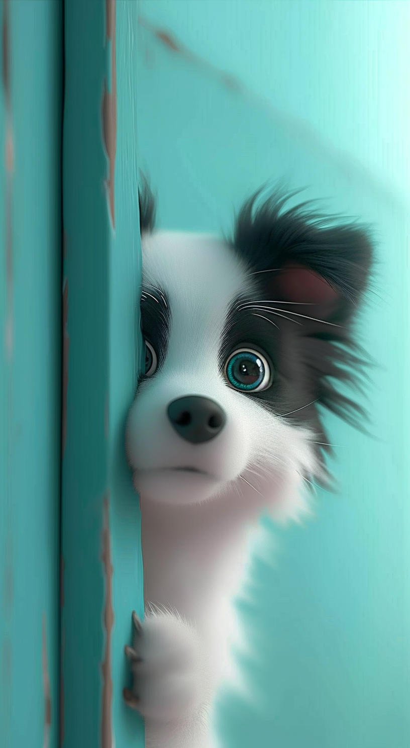 Experience the charm of our playful white puppy peeking from a vibrant turquoise door.