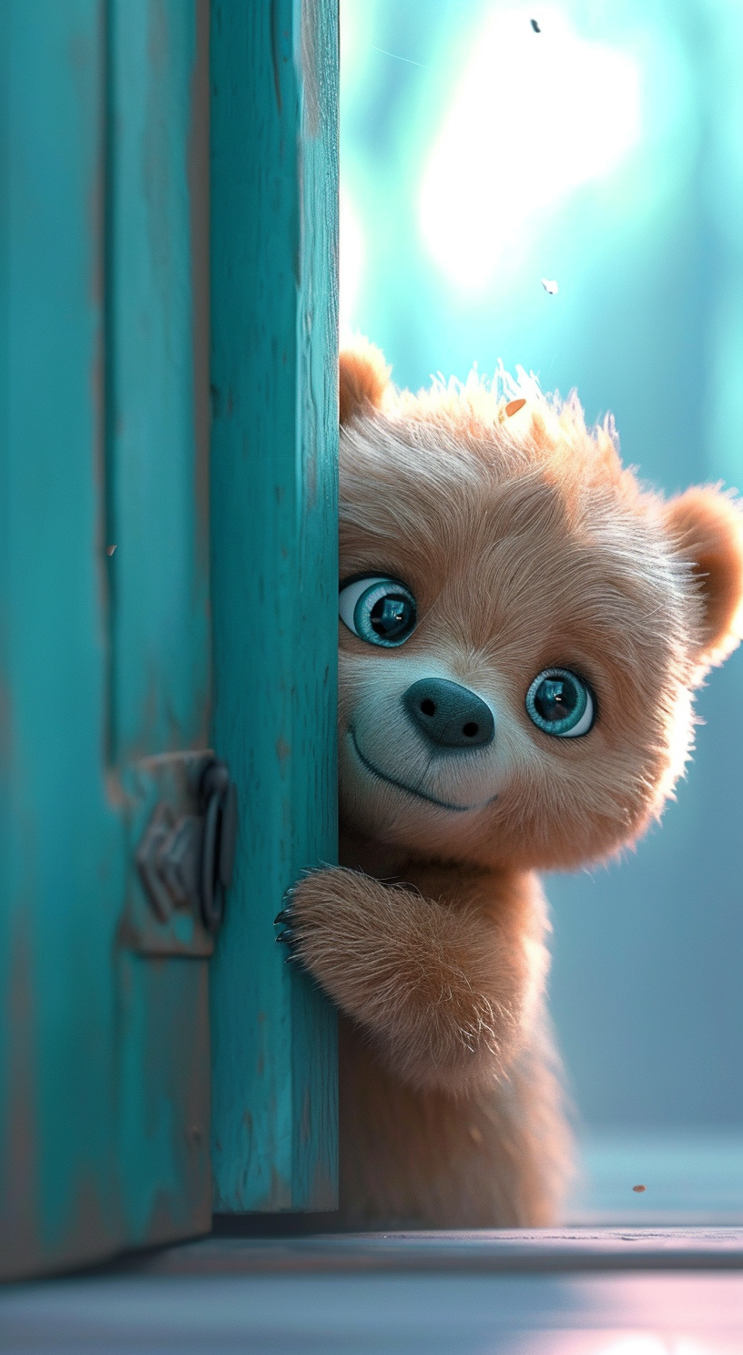 Experience the charm of our playful animated bear peeking from a turquoise door.