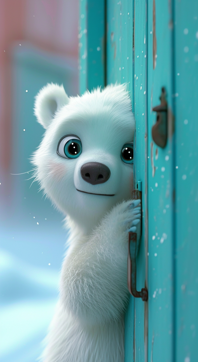 Experience the serene charm of our playful white bear cub peeking from a turquoise door.