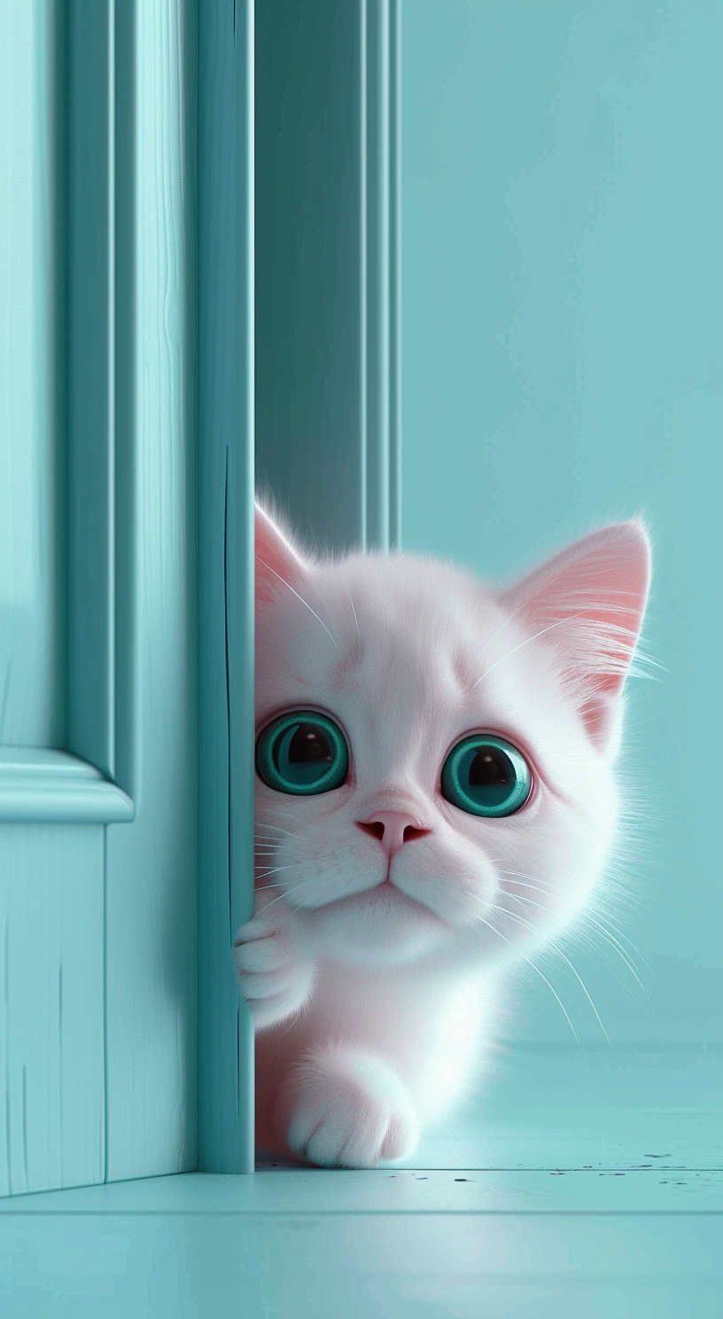 Experience the serene charm of our playful kitten peeking from a teal door.