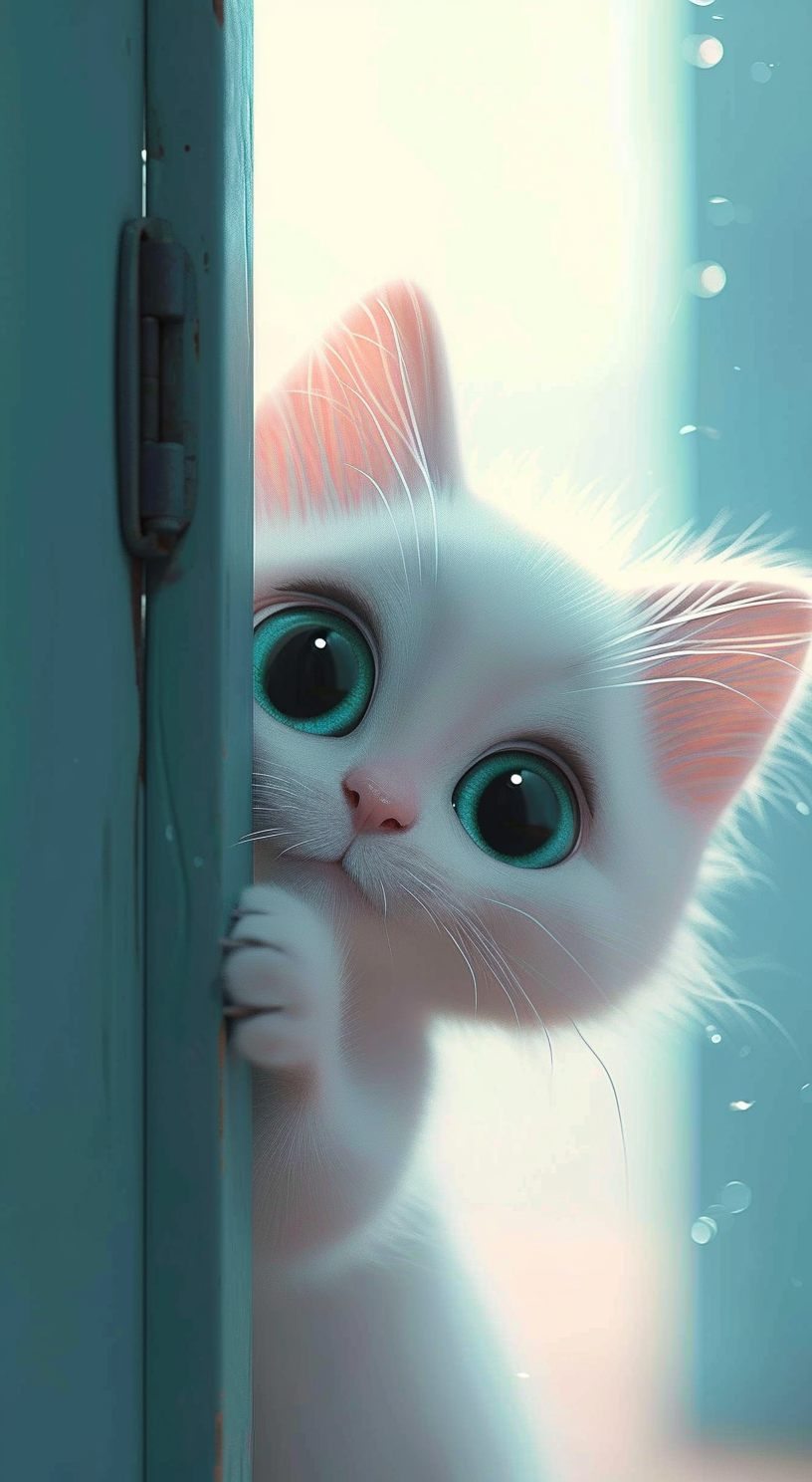 Experience the serene charm of our playful kitten peeking from a teal door.