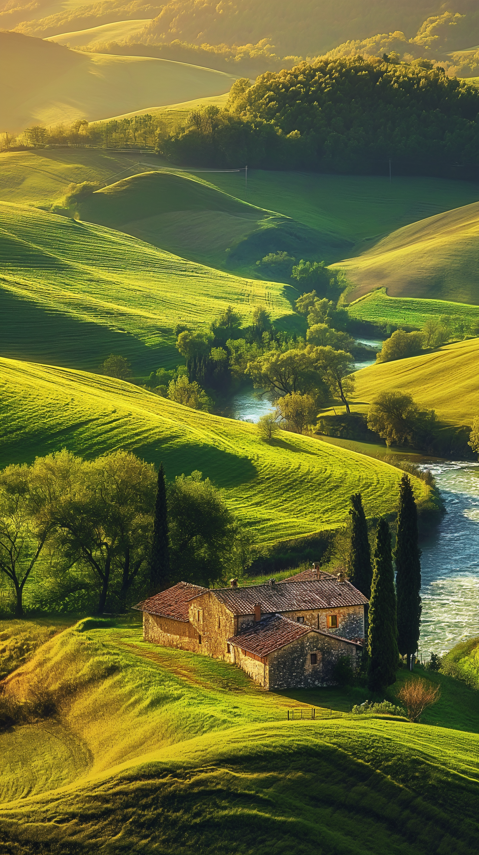 The lush rolling hills, kissed by the gentle rays of the sun