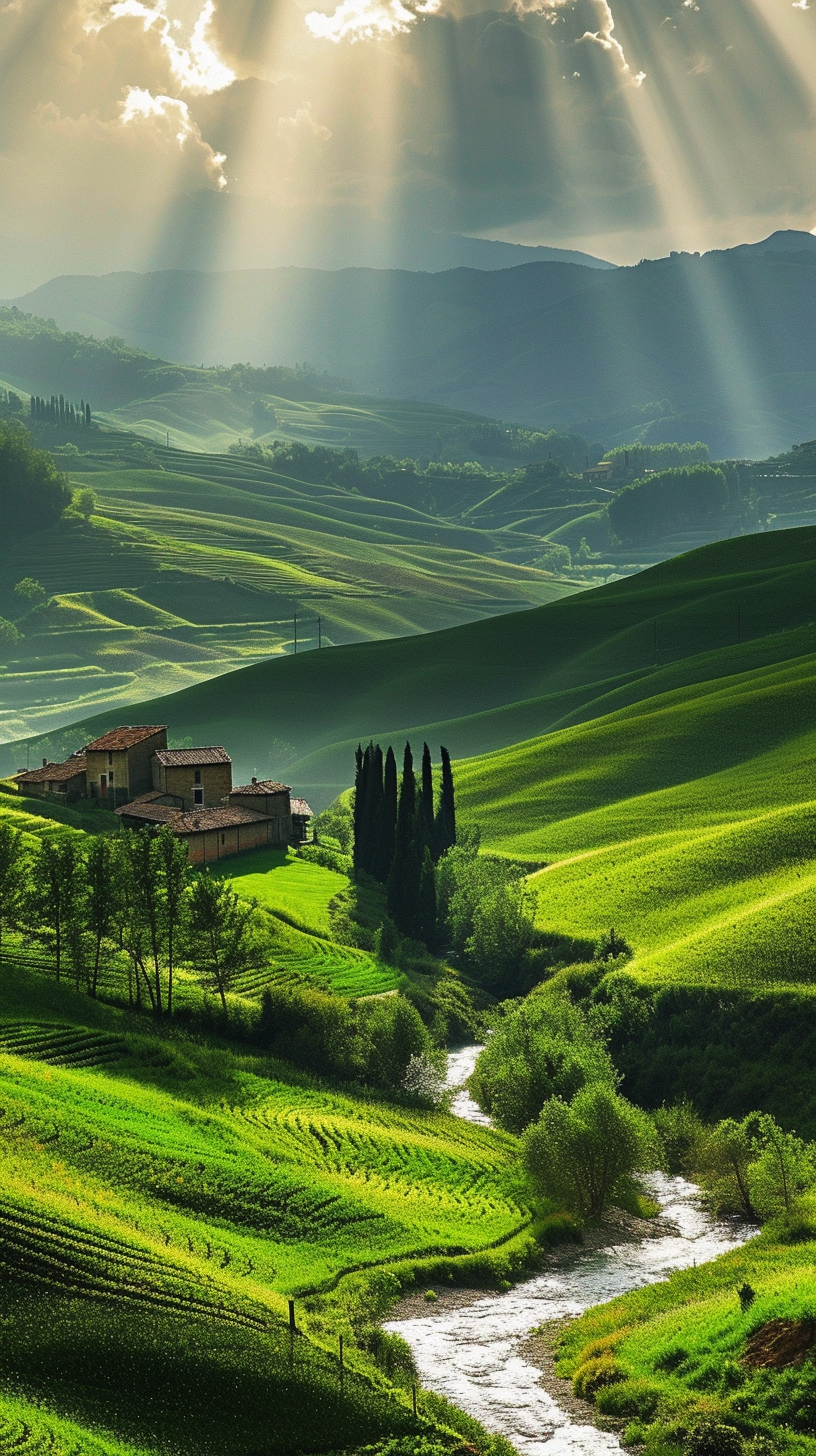 The lush rolling hills, kissed by the gentle rays of the sun