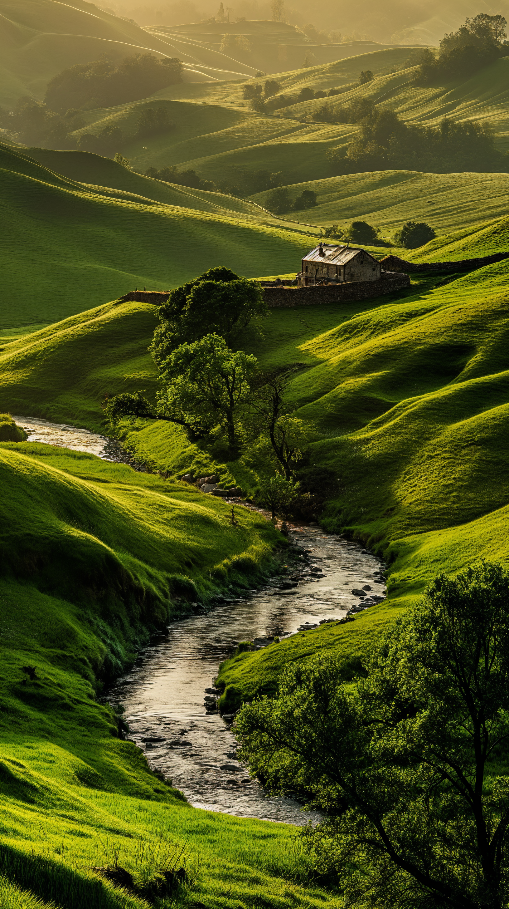 The lush rolling hills, kissed by the gentle rays of the sun