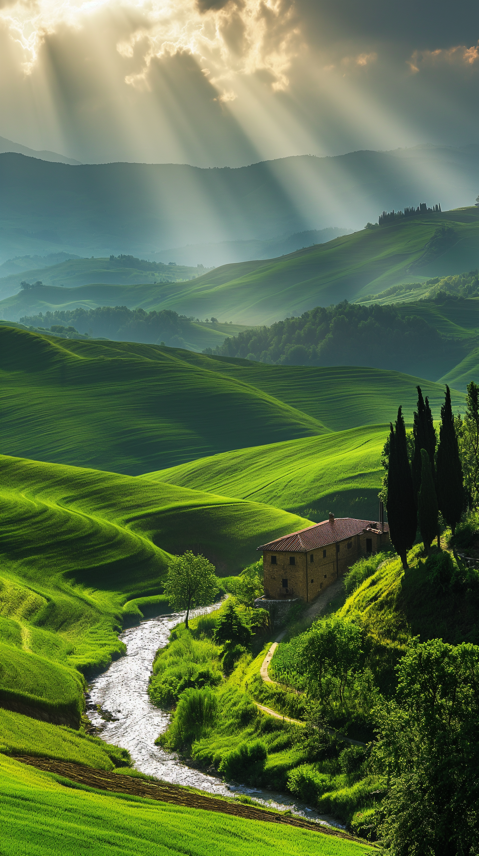 The lush rolling hills, kissed by the gentle rays of the sun