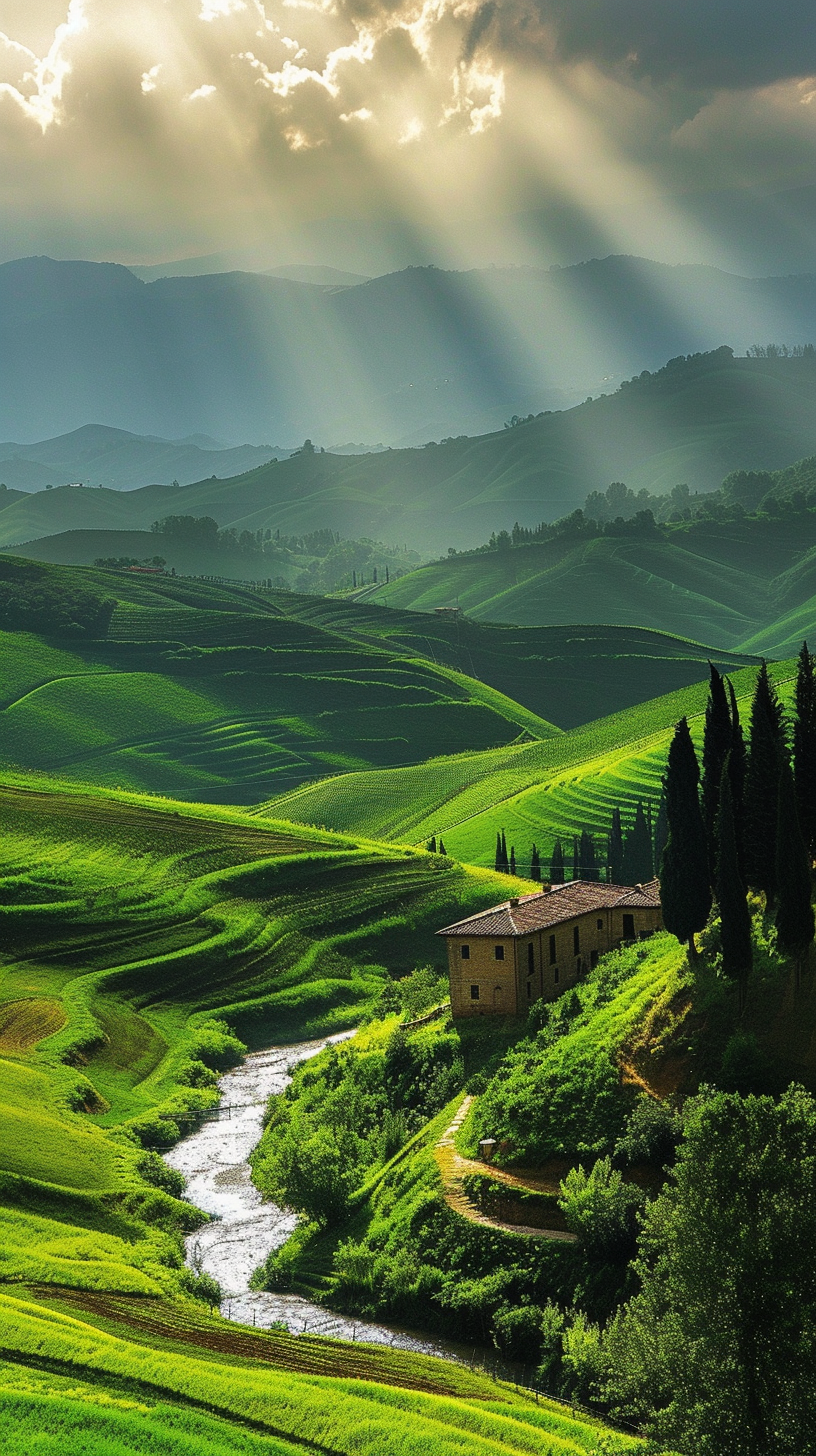 The lush rolling hills, kissed by the gentle rays of the sun