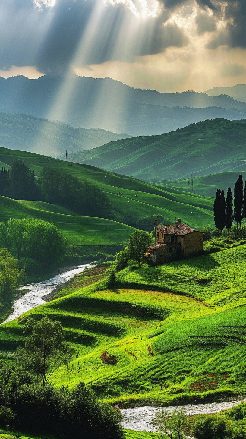 The lush rolling hills, kissed by the gentle rays of the sun