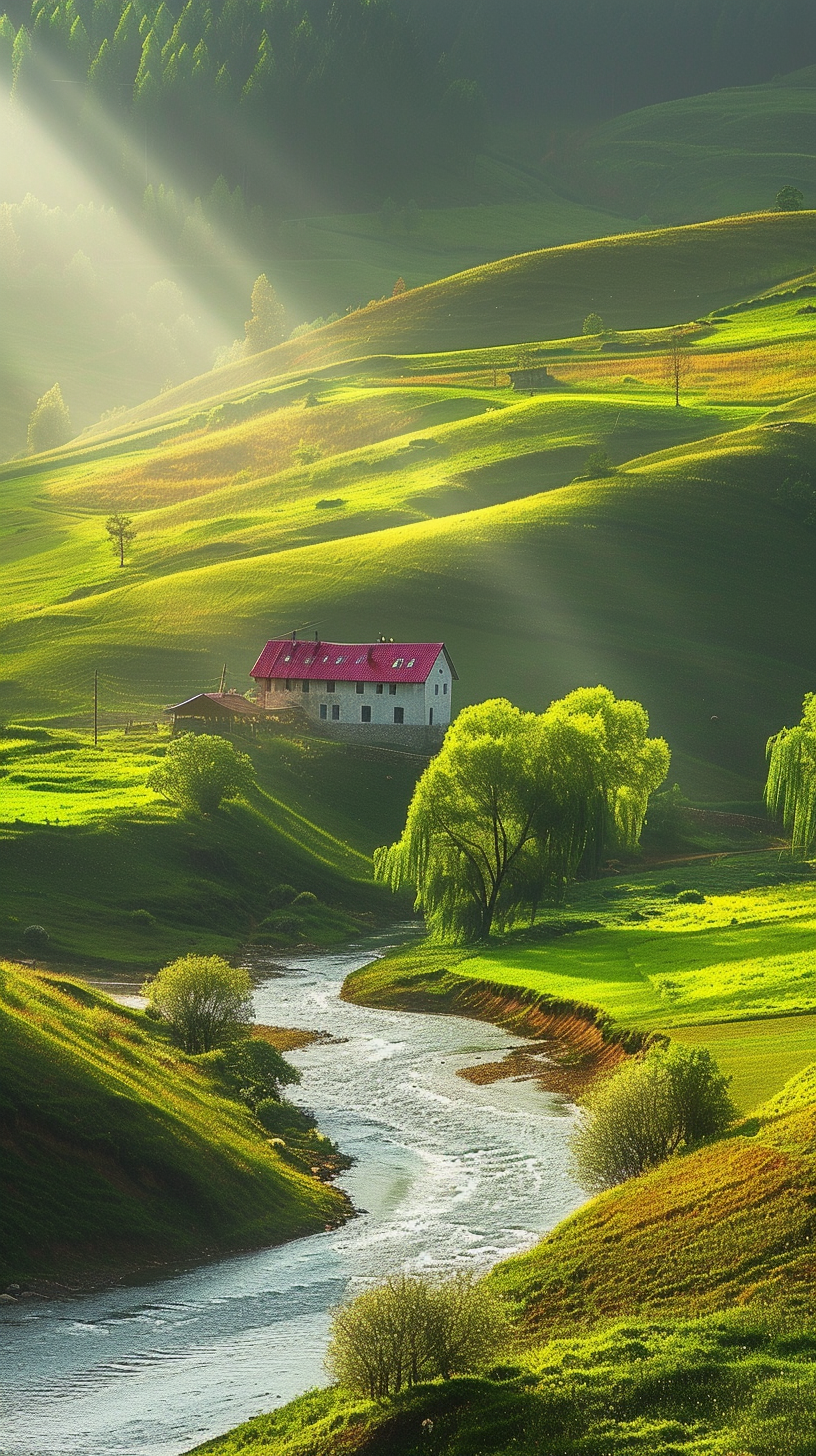 The lush rolling hills, kissed by the gentle rays of the sun