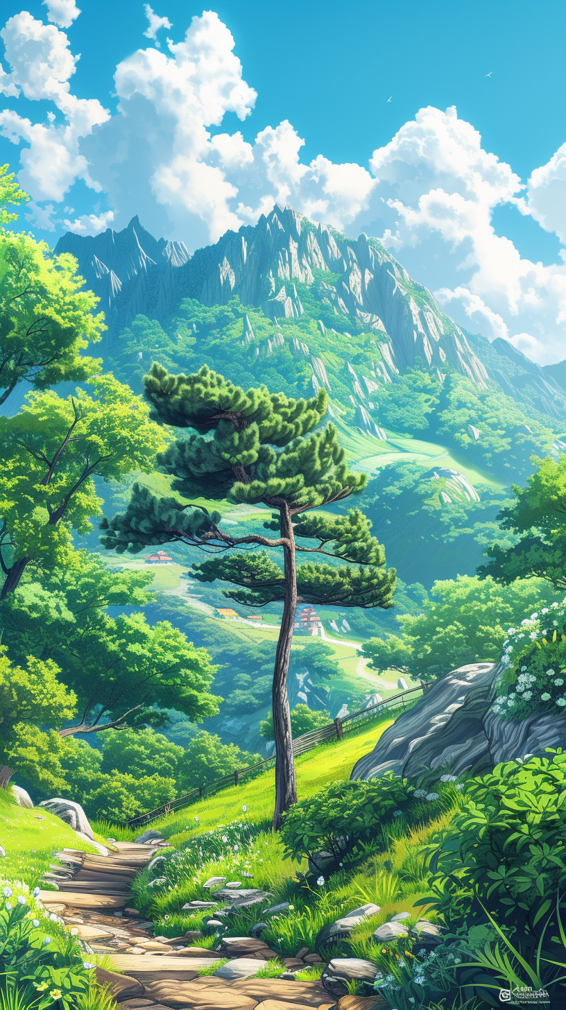 HD mobile wallpaper featuring a breathtaking landscape of lush greenery, majestic mountains, and clear skies.