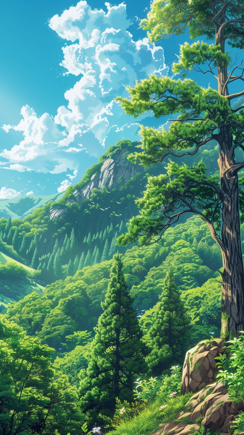 HD mobile wallpaper featuring a breathtaking landscape of lush greenery, majestic mountains, and clear skies.