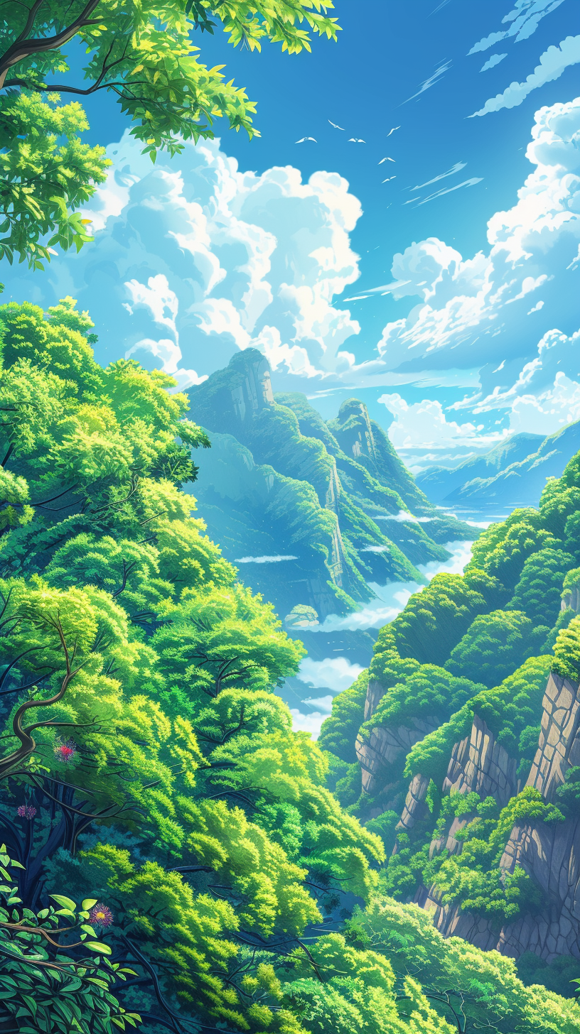HD mobile wallpaper featuring a breathtaking landscape of lush greenery, majestic mountains, and clear skies.