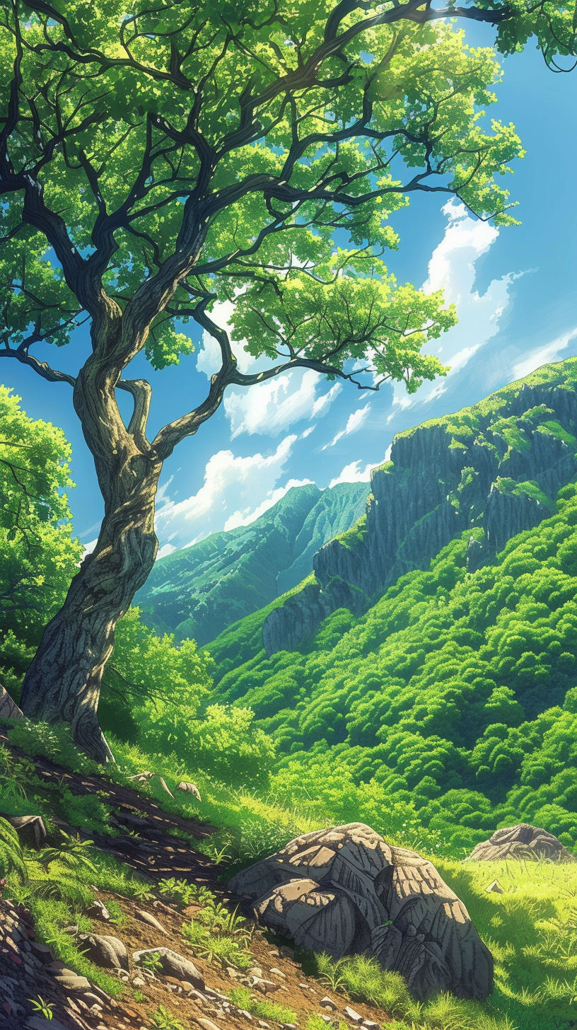 HD mobile wallpaper featuring a breathtaking landscape of lush greenery, majestic mountains, and clear skies.