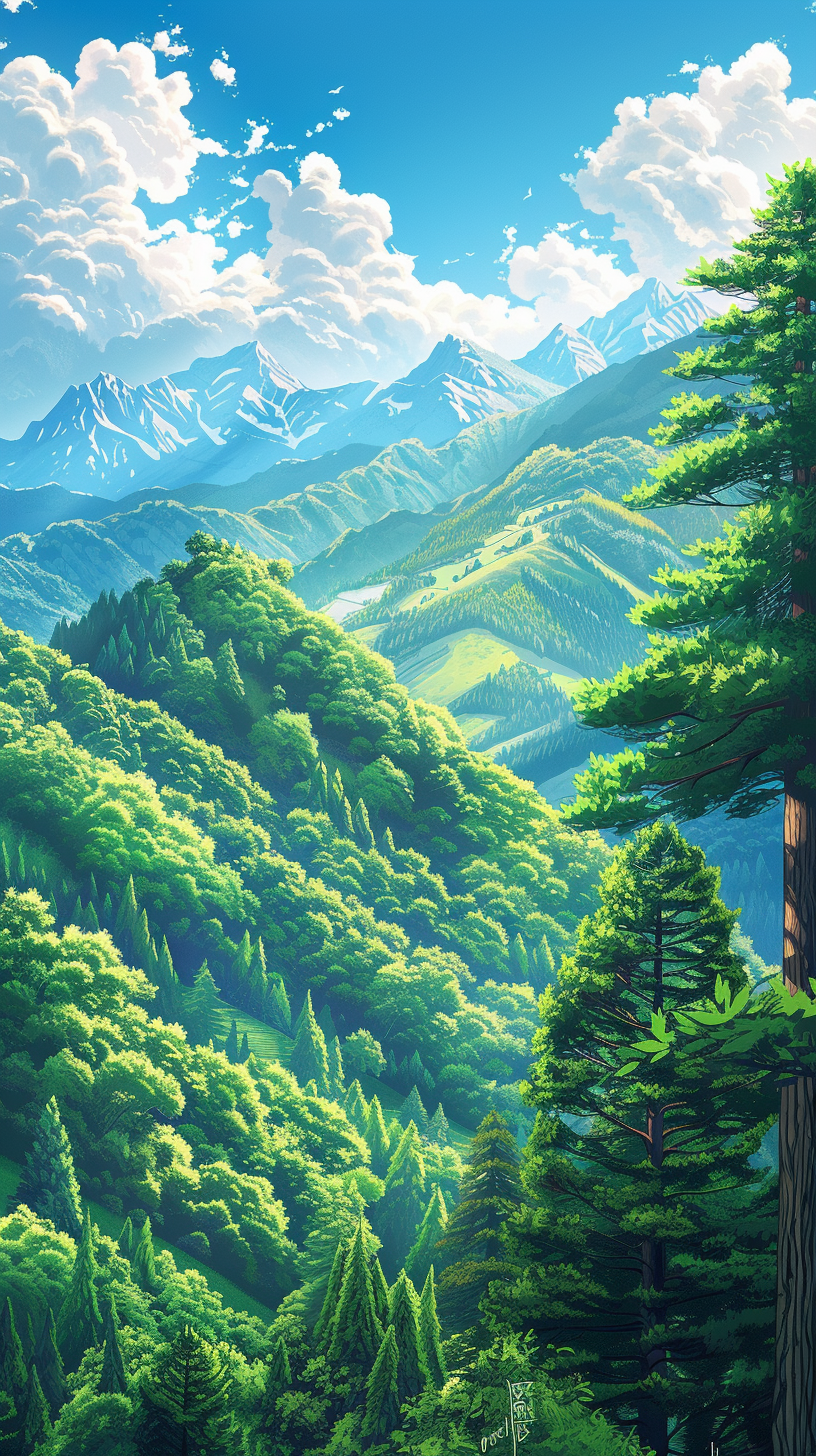 HD mobile wallpaper featuring a breathtaking landscape of lush greenery, majestic mountains, and clear skies.