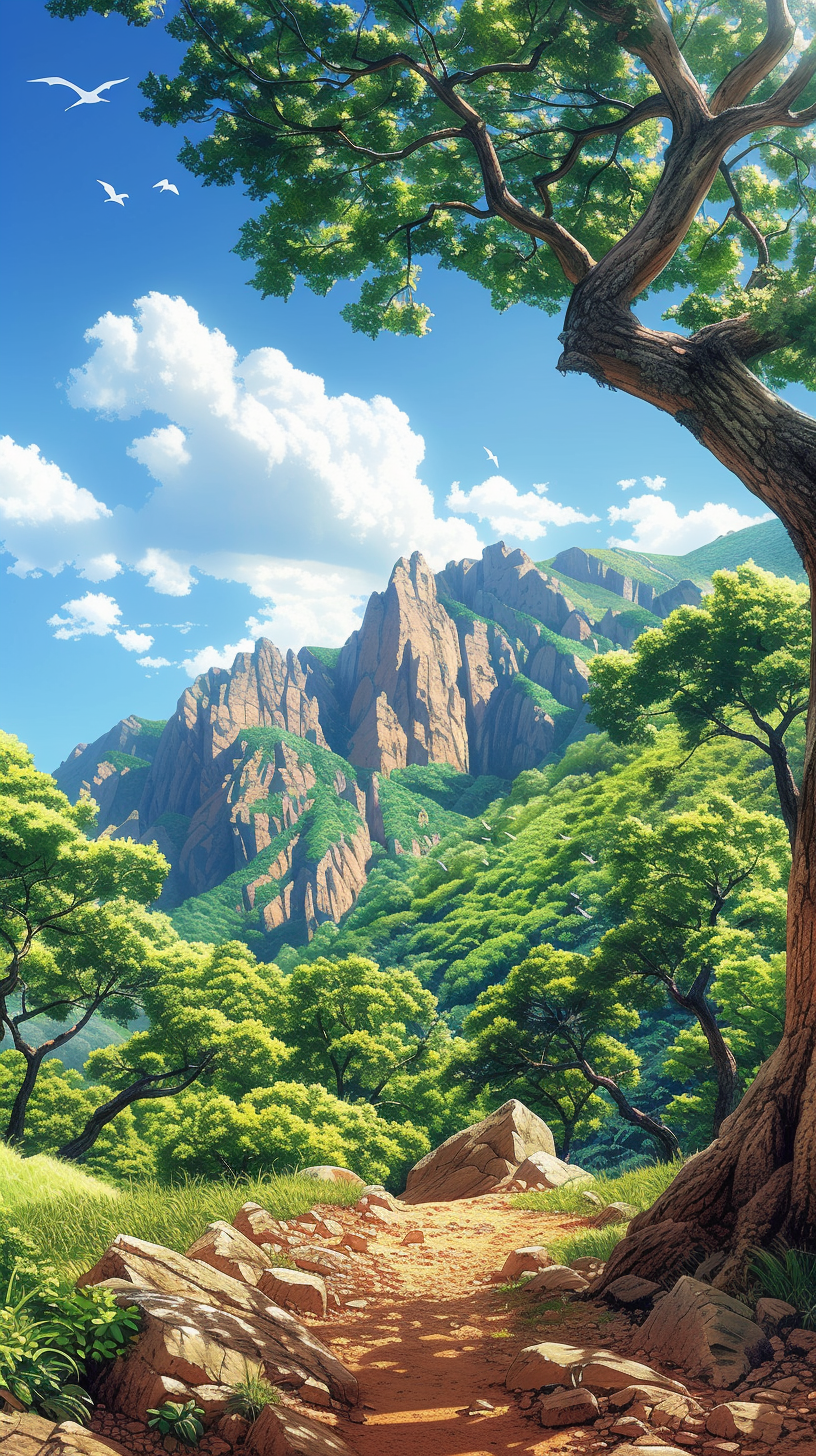 HD mobile wallpaper featuring a breathtaking landscape of lush greenery, majestic mountains, and clear skies.