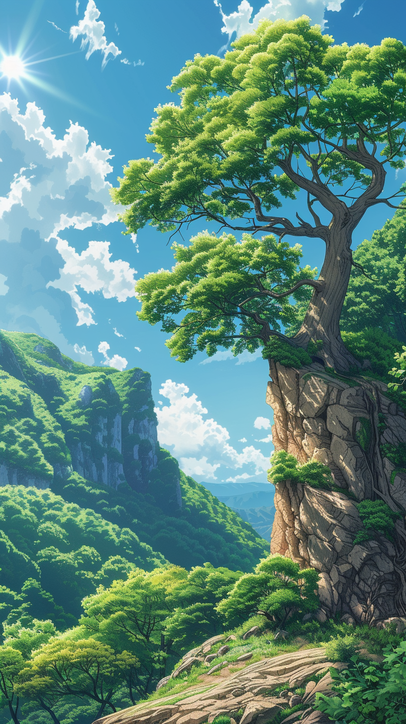 HD mobile wallpaper featuring a breathtaking landscape of lush greenery, majestic mountains, and clear skies.