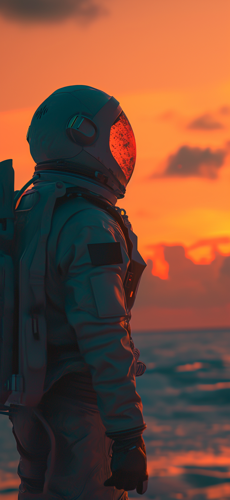 Immerse yourself in the serene beauty of our latest mobile wallpaper featuring an astronaut gazing at the mesmerizing sunset