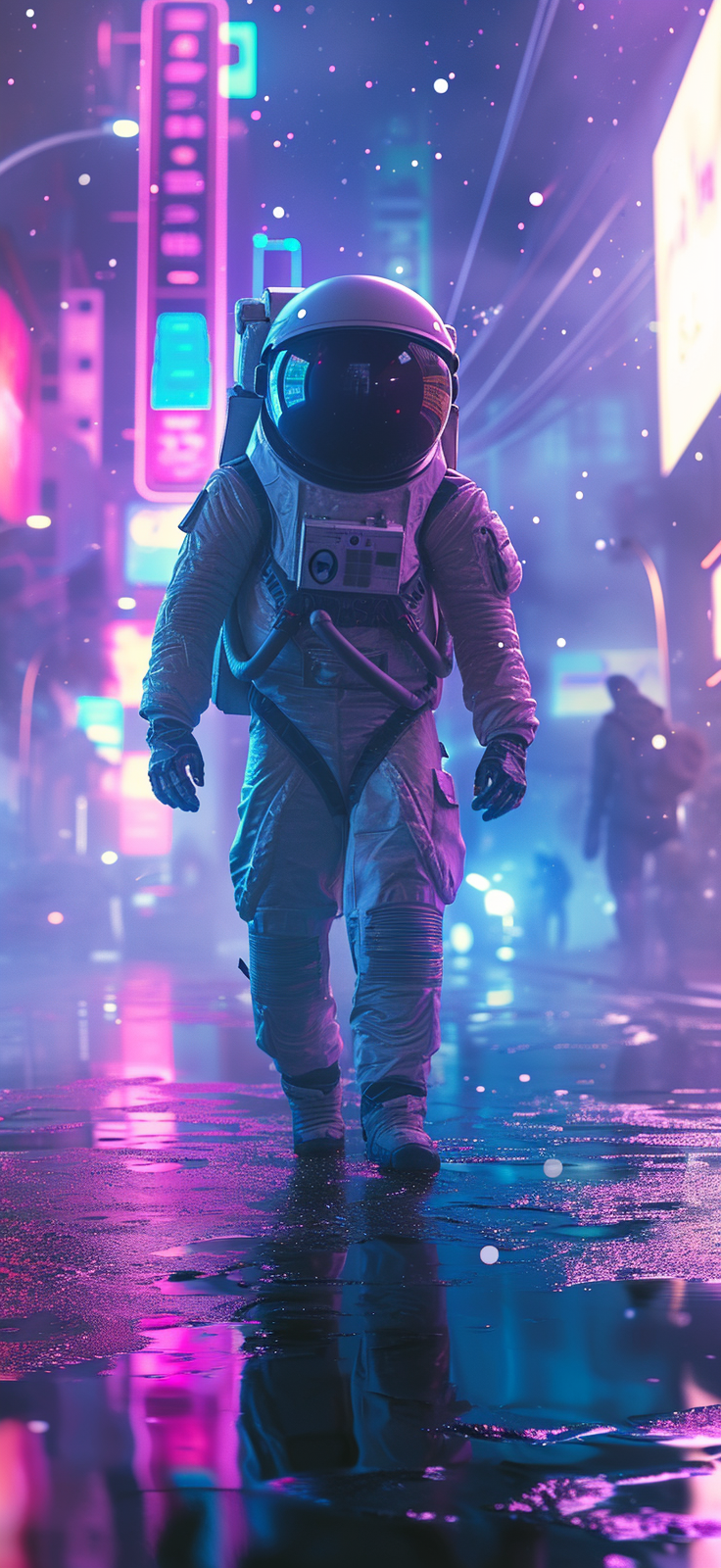 A mesmerizing visual featuring an astronaut amidst a cosmic dance of radiant lights and celestial bodies