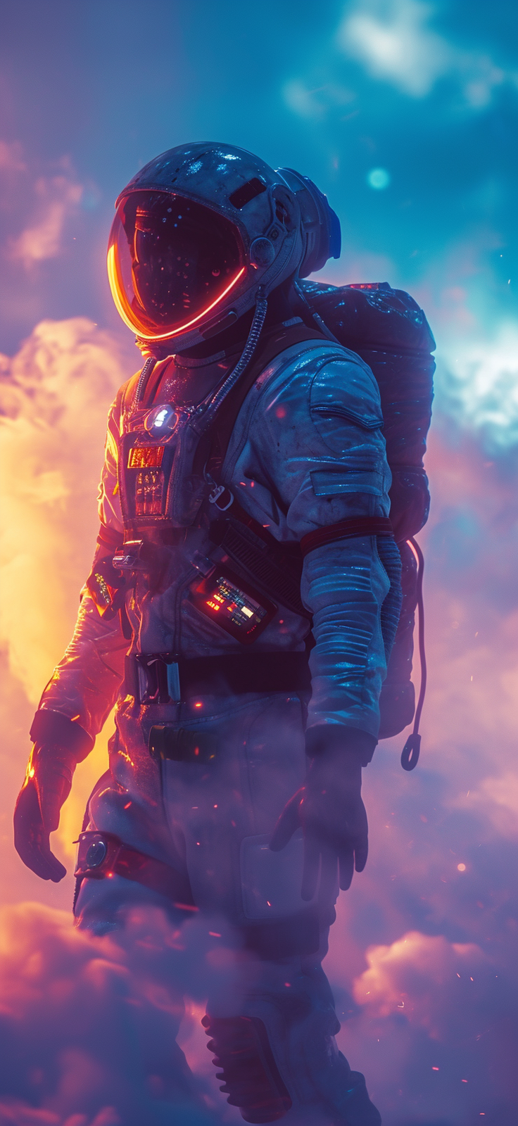 Step into a world beyond the stars with our latest HD mobile wallpaper featuring an astronaut enveloped in a mystic nebula of vibrant blues and pinks.