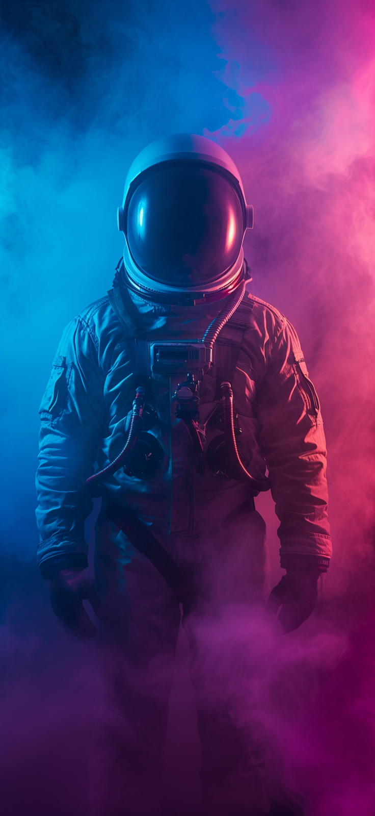 Step into a world beyond the stars with our latest HD mobile wallpaper featuring an astronaut enveloped in a mystic nebula of vibrant blues and pinks