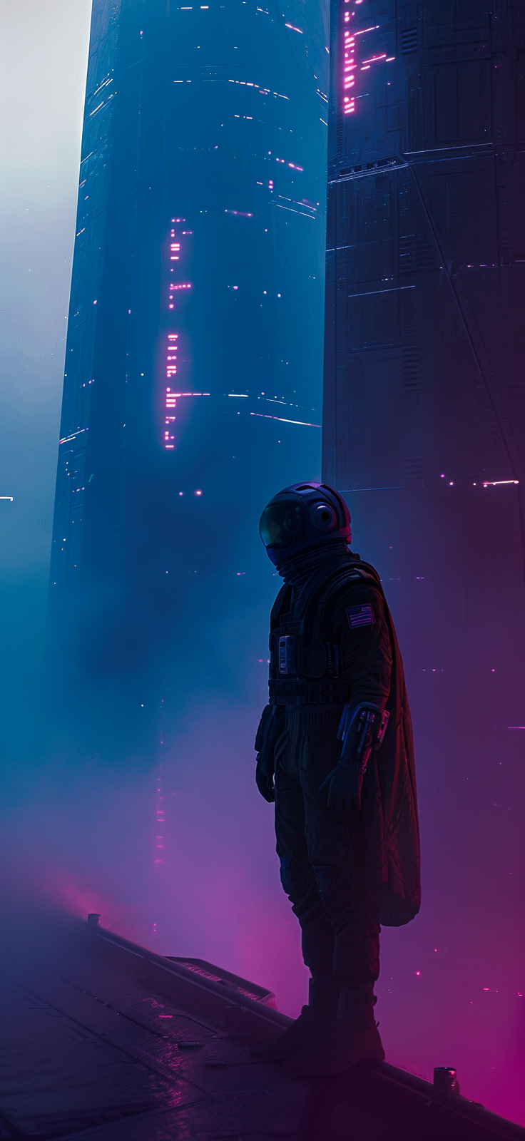 Step into the future with this mesmerizing mobile wallpaper, featuring an astronaut overlooking a vibrant and enigmatic cityscape illuminated by neon lights