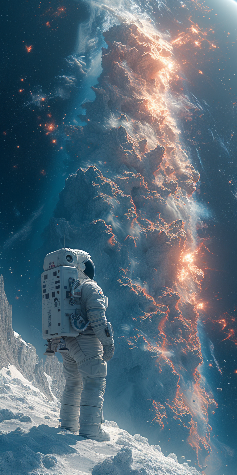 astronaut navigating through an icy alien landscape, reflecting the spirit of discovery